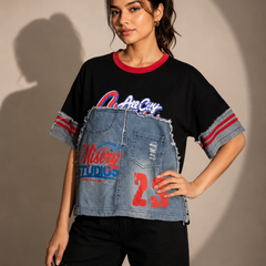Patchwork Denim Panel Graphic T-Shirt
