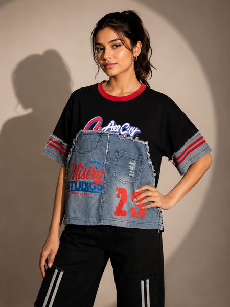 Patchwork Denim Panel Graphic T-Shirt