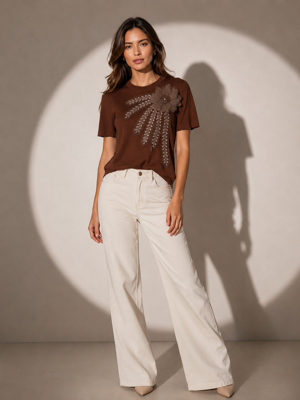 Floral Appliqué Fine Knit Top