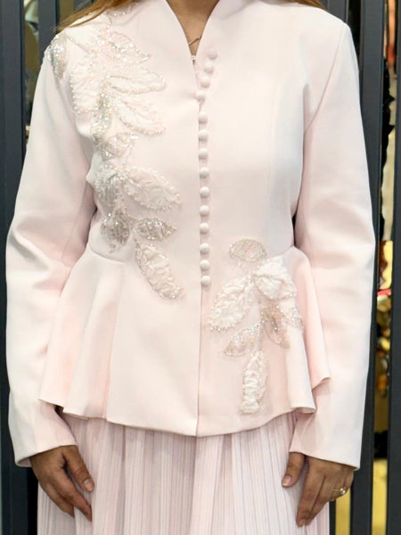 Embellished Structured Peplum Jacket with Pleated Skirt