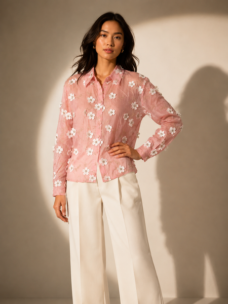 Floral Appliqué Sheer Shirt