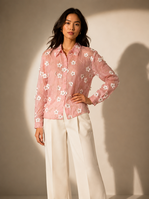 Floral Appliqué Sheer Shirt
