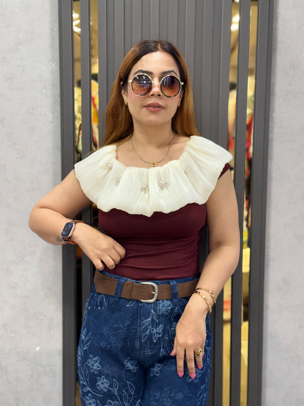 Pleated Ruffle Neck Top