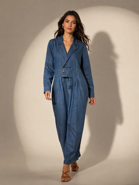 Structured Denim Jumpsuit with Asymmetric Waist Detail