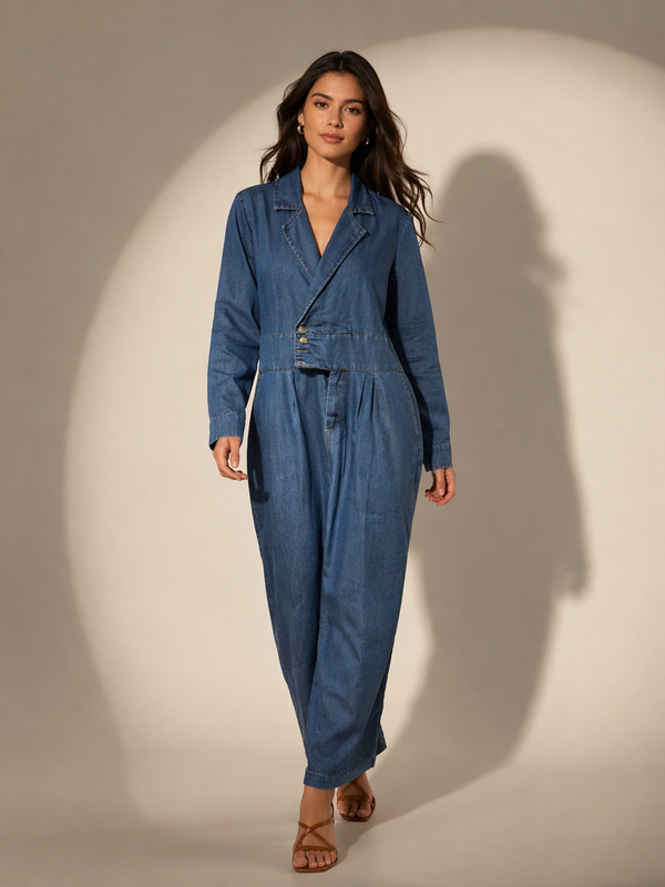 Structured Denim Jumpsuit with Asymmetric Waist Detail