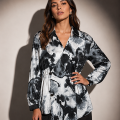 Abstract Print Wrap-Front Tunic Top