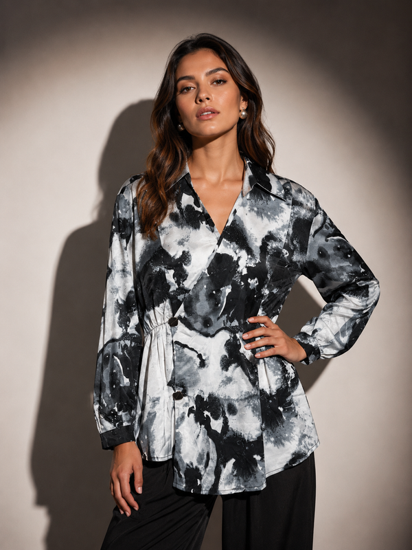 Abstract Print Wrap-Front Tunic Top