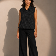 Sleeveless Polka Dot Zip-Neck Top