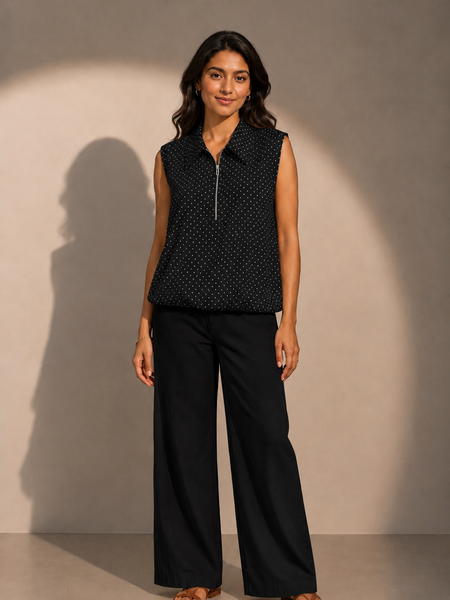 Sleeveless Polka Dot Zip-Neck Top