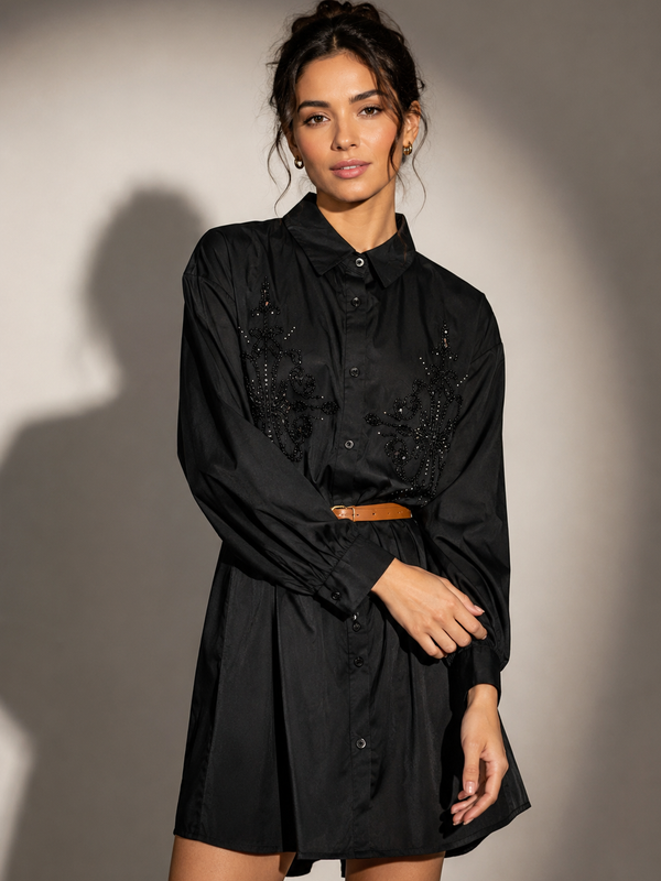 Embroidered Belted Shirt Dress