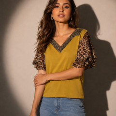 Embellished Trim Animal Print Top