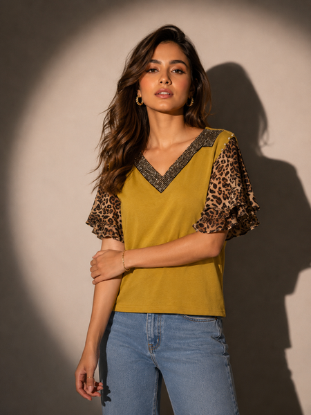 Embellished Trim Animal Print Top