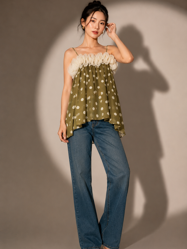 Ruffle Detail Polka Dot Camisole Top