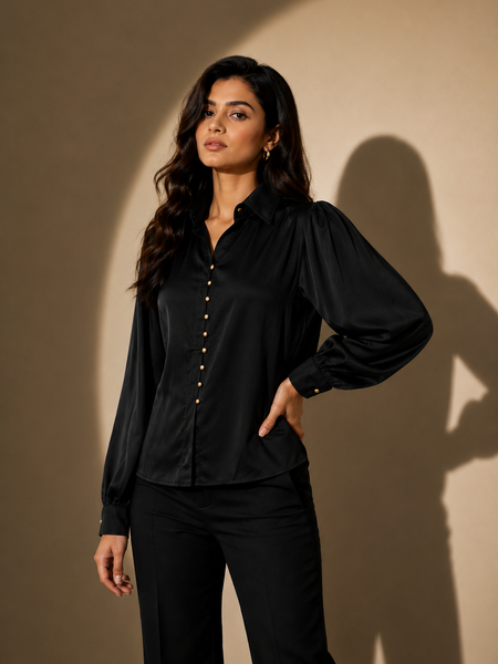 Satin Button shirt  with Pleated Sleeves