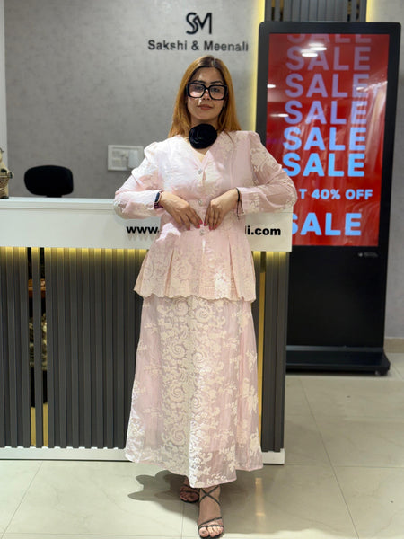 Embroidered Sheer Peplum Top and Flowing Skirt Set
