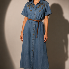 Embellished Denim Shirt Midi Dress
