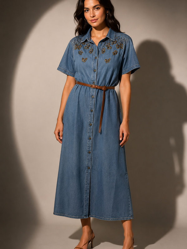 Embellished Denim Shirt Midi Dress