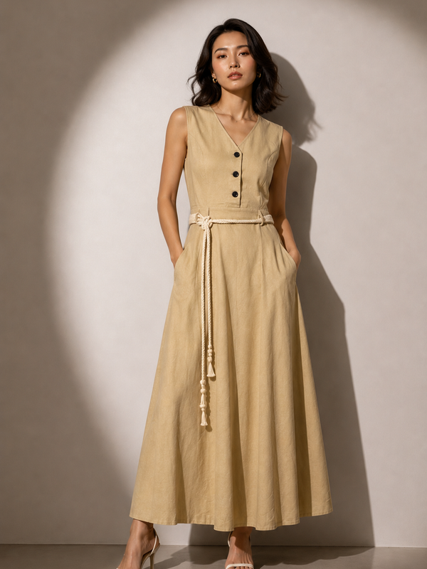 Rope-Belt Midi Dress with Button Detail