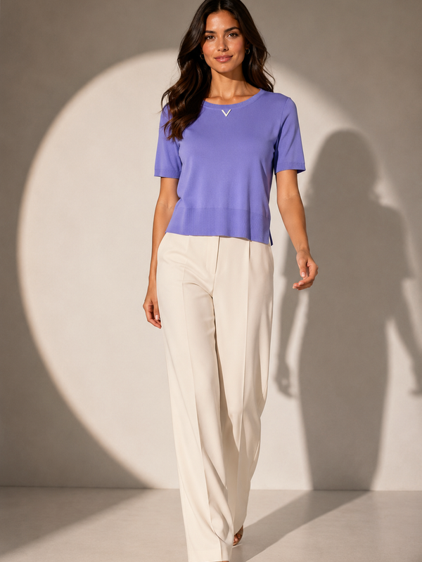 Fine Knit T-Shirt with Metallic Neck Detail