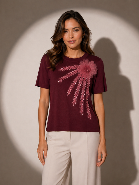 Floral Appliqué Fine Knit Top
