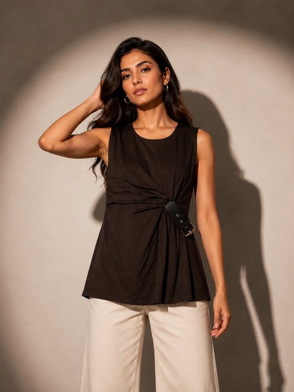Asymmetric Buckle Detail Draped Top