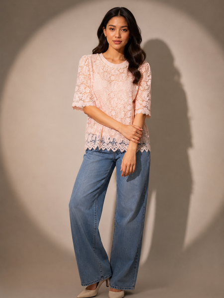Pearl-Trim Floral Lace Top