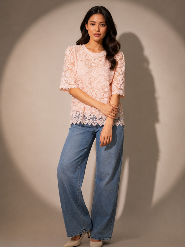 Pearl-Trim Floral Lace Top