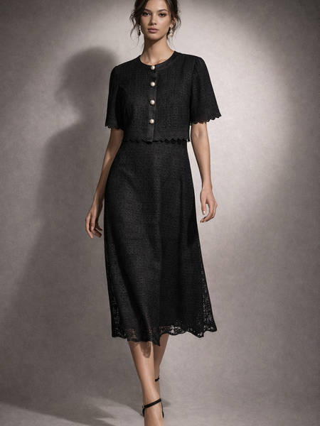 Textured Lace Midi Dress with Matching Cropped Jacket