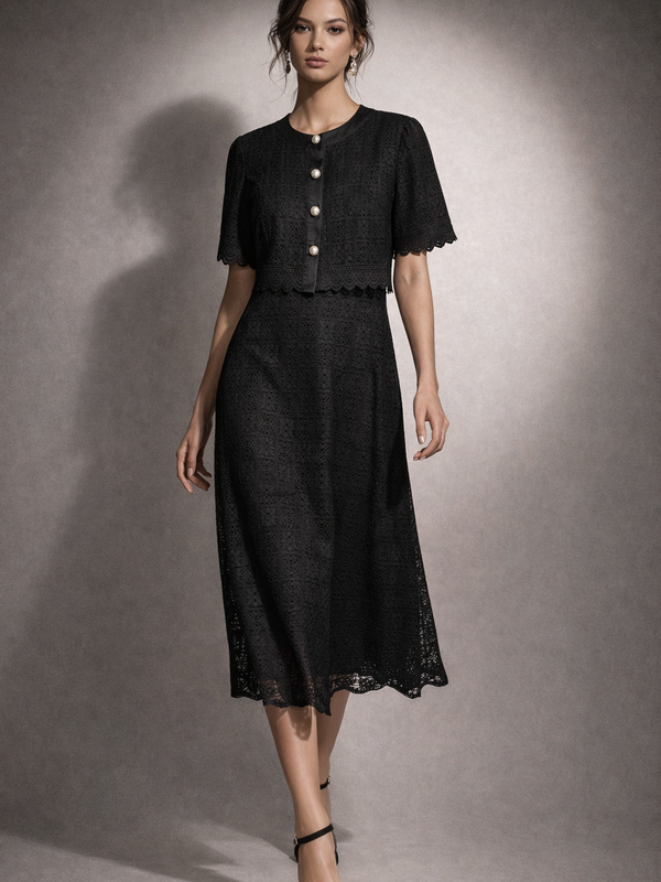 Textured Lace Midi Dress with Matching Cropped Jacket