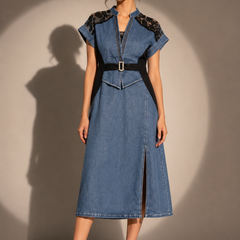 Structured Lace-Panel Midi Dress