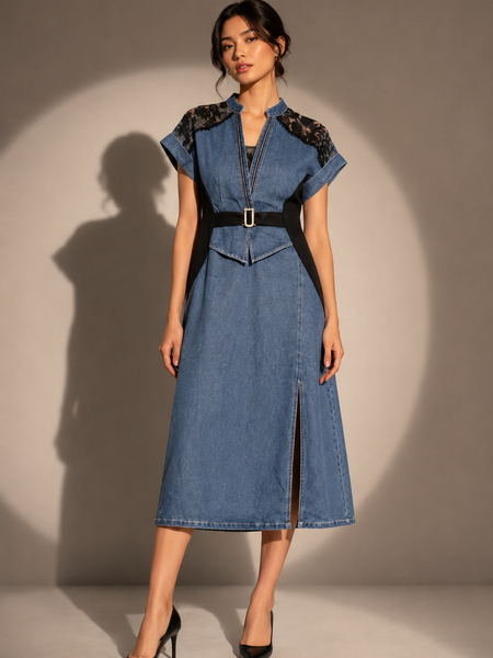 Structured Lace-Panel Midi Dress