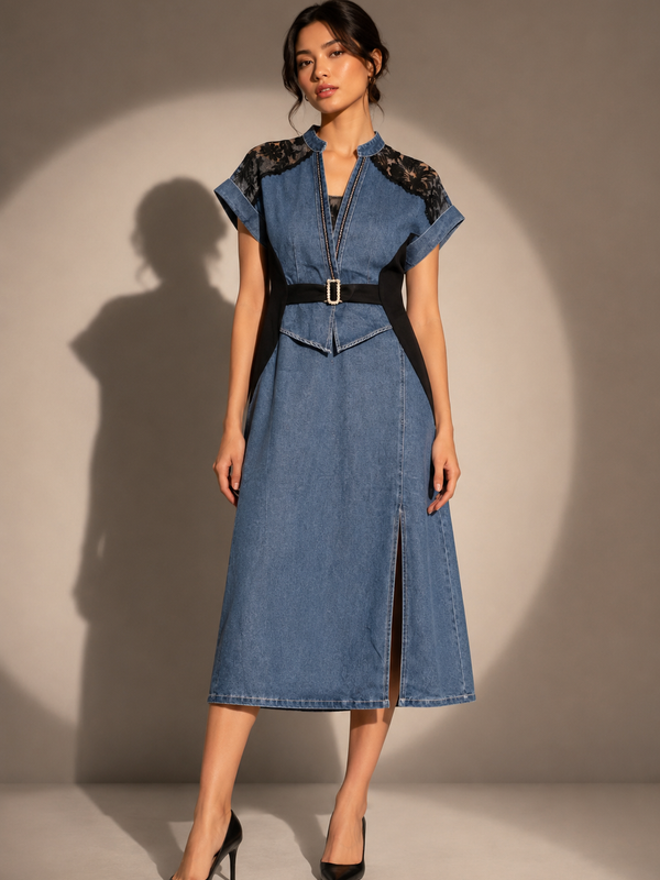 Structured Lace-Panel Midi Dress