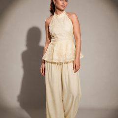 Textured Halter Peplum Top and Wide-Leg Trousers Set