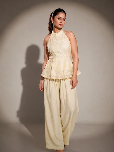 Textured Halter Peplum Top and Wide-Leg Trousers Set