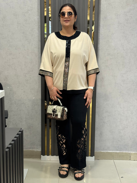 Lace Panel Straight-Leg Trousers