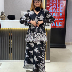 Embroidered Sheer Peplum Top and Flowing Skirt Set