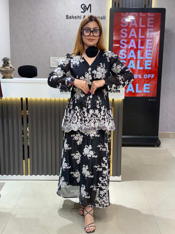 Embroidered Sheer Peplum Top and Flowing Skirt Set