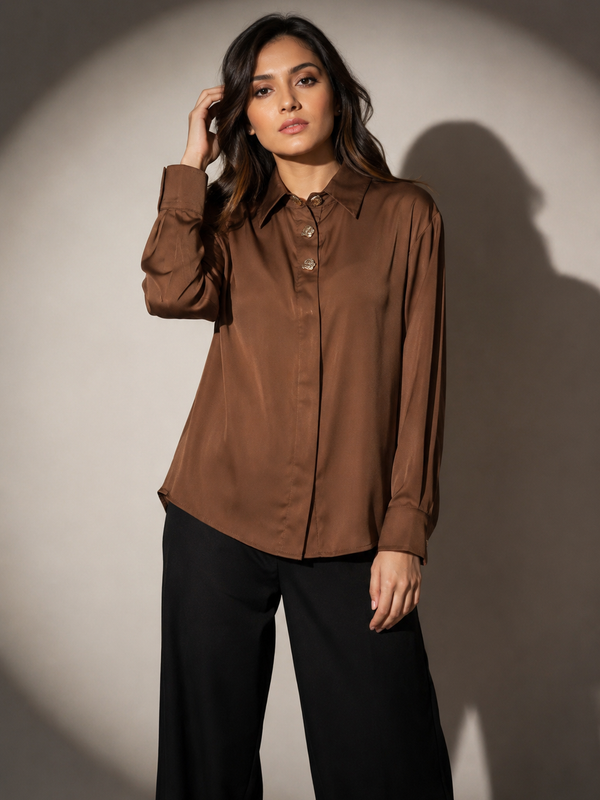 Satin Shirt with Statement Button Detail