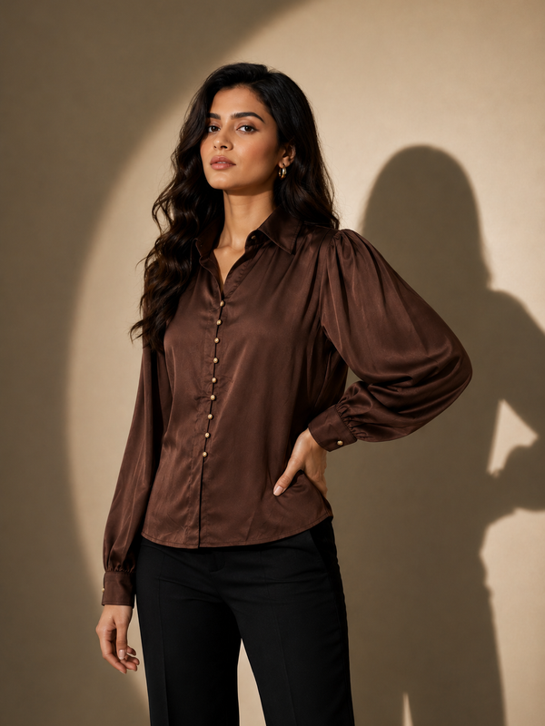 Satin Button shirt  with Pleated Sleeves