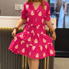 Printed Tiered Mini Dress with Buttoned Top