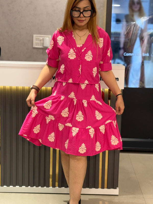 Printed Tiered Mini Dress with Buttoned Top