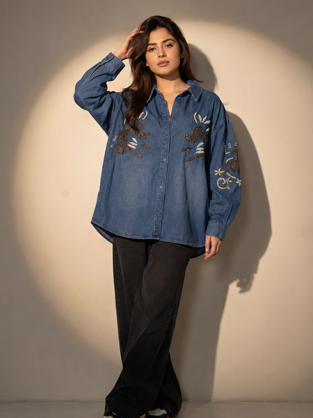 Embroidered Oversized Denim Shirt