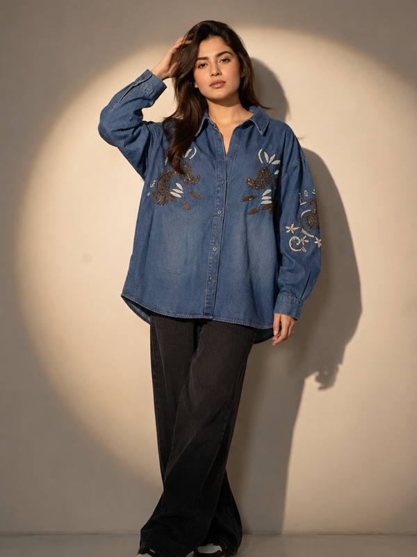 Embroidered Oversized Denim Shirt