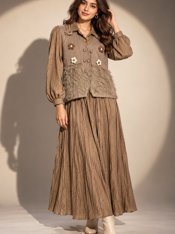 Textured Knit Vest & Pleated Dress Set