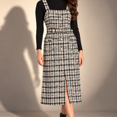 Textured Tweed Belted Midi Dress