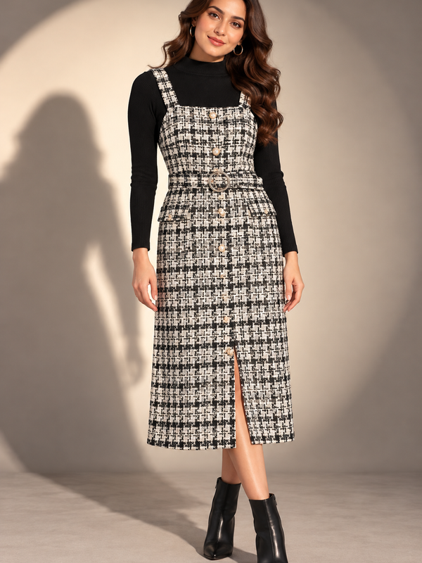 Textured Tweed Belted Midi Dress