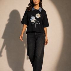 Floral Denim Collar T-Shirt