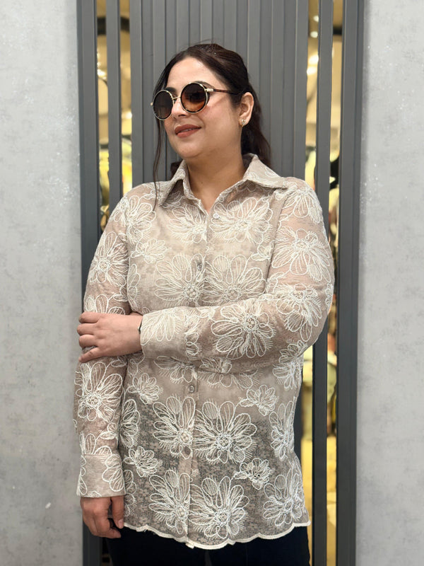 Sheer Floral Embroidered Shirt