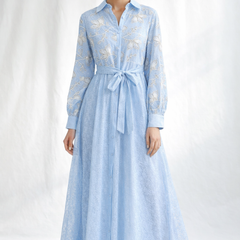 Embroidered Belted Maxi Shirt Dress