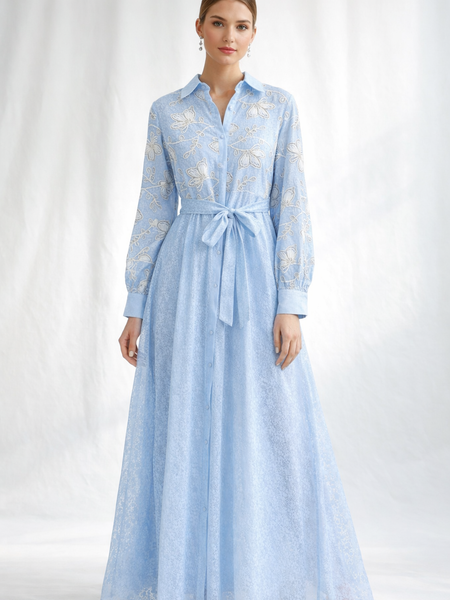Embroidered Belted Maxi Shirt Dress
